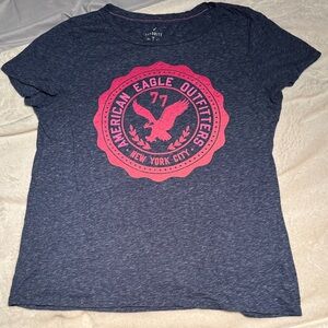American Eagle Outfitters Navy Tee with Pink Emblem